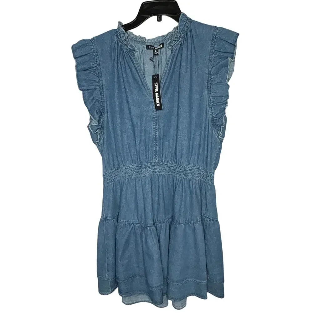 Steve Madden Prairie Dreams Chambray Blue Western Smocked Dress Size Large New - Picture 3 of 14